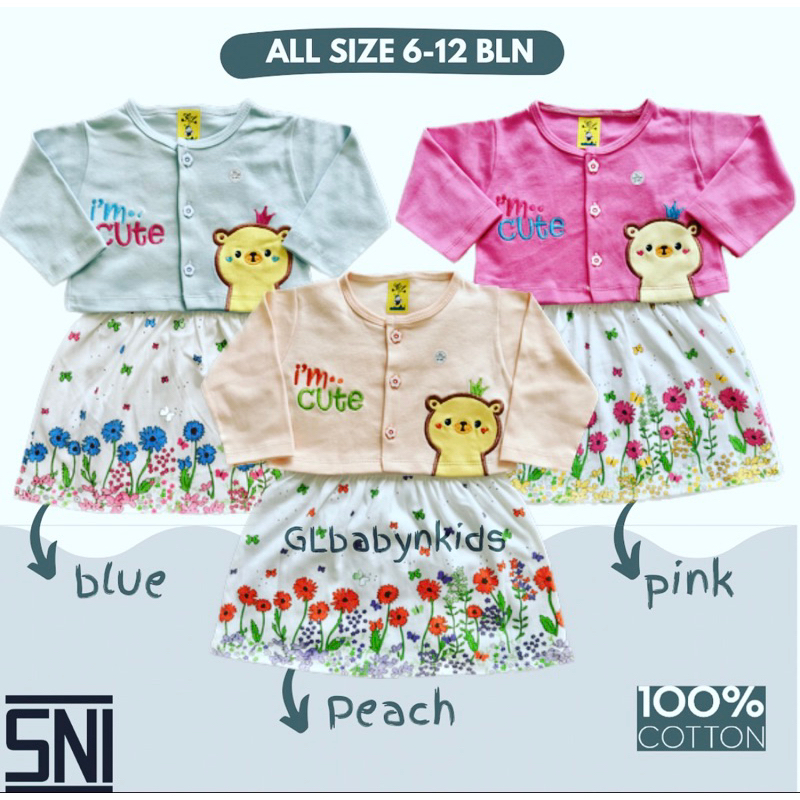 Dress 2in1: Dress Tanktop Bayi &amp; Cardigan Bordir Bear All Size 6-12 Bulan Katun SNI