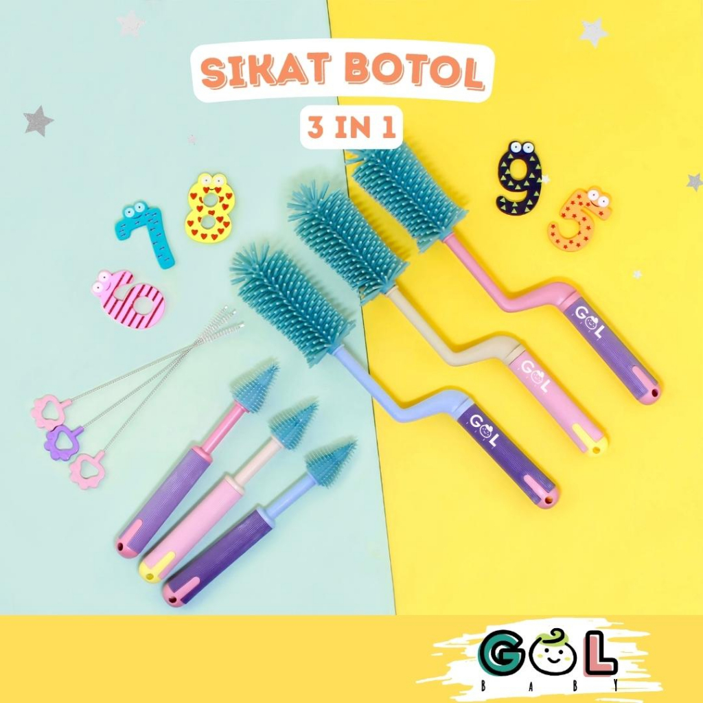 GOL Baby Set 3 in 1 Sikat Botol Bayi Silikon Bottle Nipple Straw Silicone Brush