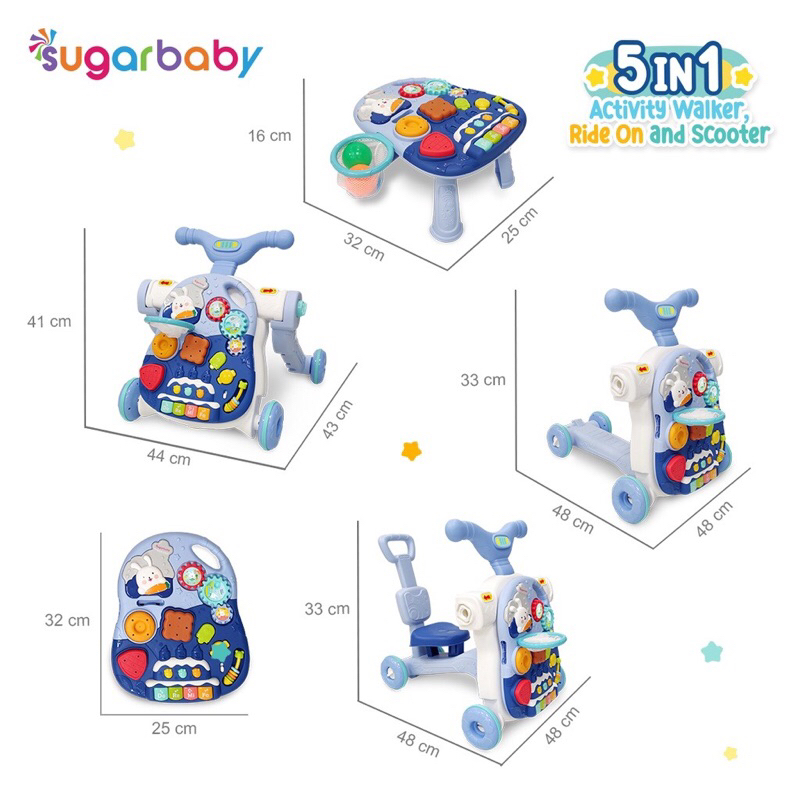 Sugarbaby 5in1 Activity Walker, Ride-On and Scooter/Push walker/Activity walker/Baby walker  Baby Walker 5 in 1 Push Walker Alat Belajar Jalan Bayi Sugar Baby Walker &amp; Table Push Walker Baby Walker Mini Car scooter - Walker 5in1 - Walker Variasi Baru 5in1