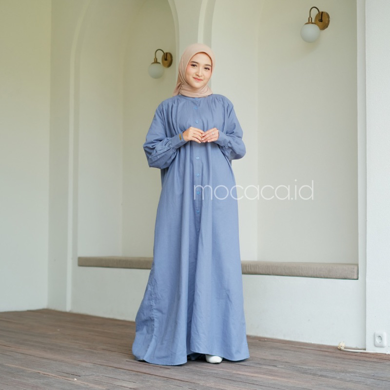 Dress gamis blue denim biru Elegan Ootd Hijabers bahan katun linen rami lengan kancing casual klasik dovey