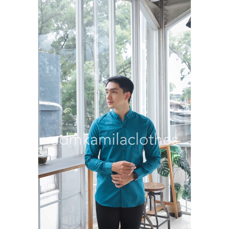 Kemeja pria cowok polos slimfit kasual basic HeM lengan panjang biru hijau tosca