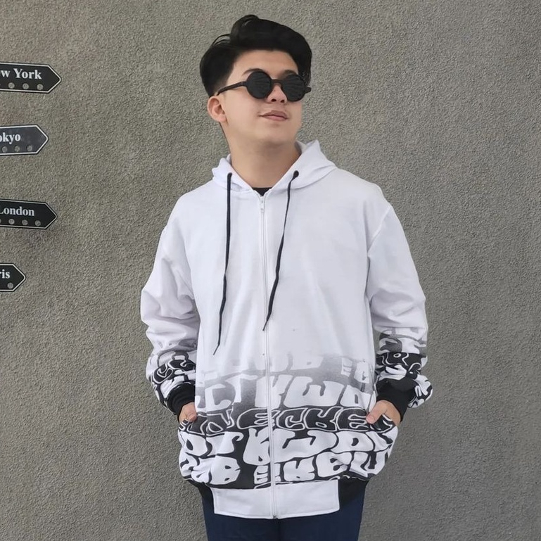 Public - Zipper White Print - Jaket Zipper Unisex Kekinian