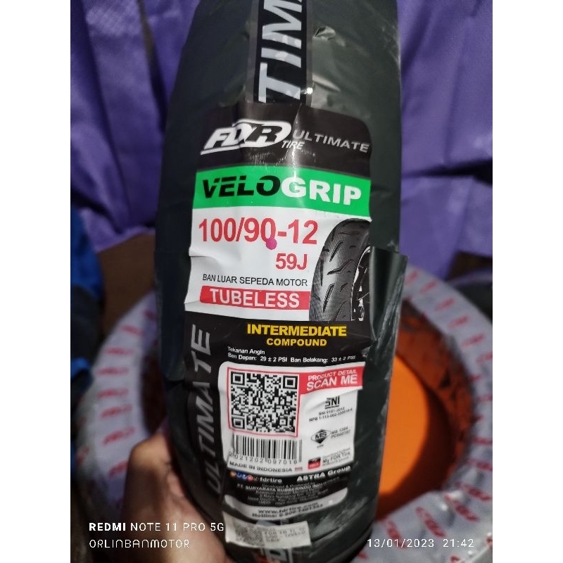Ban FDR Velo Grip 100/90-12 Tubles/Ban Depan Honda New Scoopy/Ban FDR Depan New Genio/Ban Luar Depan