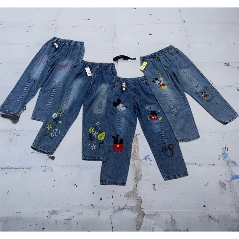 celana semi jeans pinggang karet motif wanita/celana jeans pinggang karet wanita