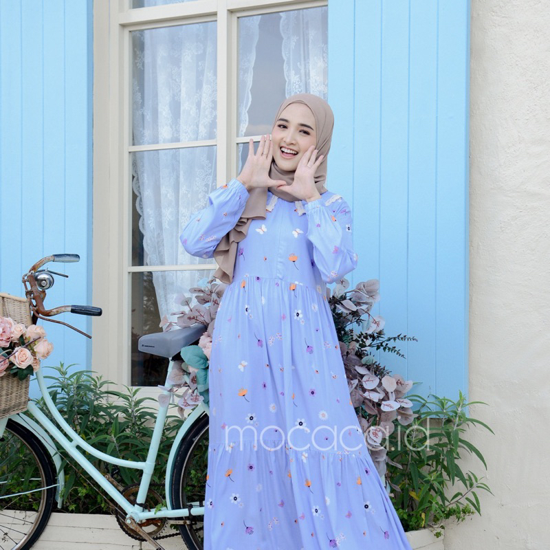 Gamis rumahan renda depan busui rayon premium - motif sky blue flowers