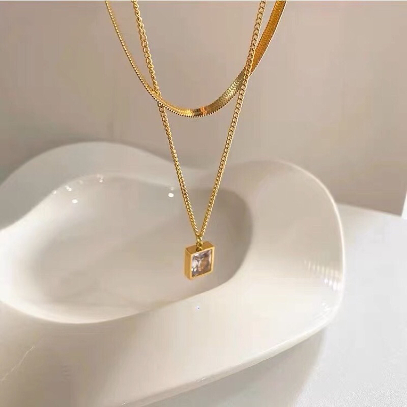 Kalung Titanium 2 Layer Diamond Korea Elegan Fashion Style Premium