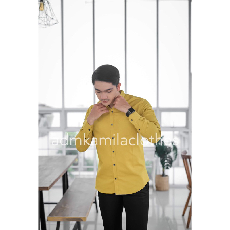 Kemeja pria cowok polos slimfit kasual basic HeM lengan panjang lemon lime