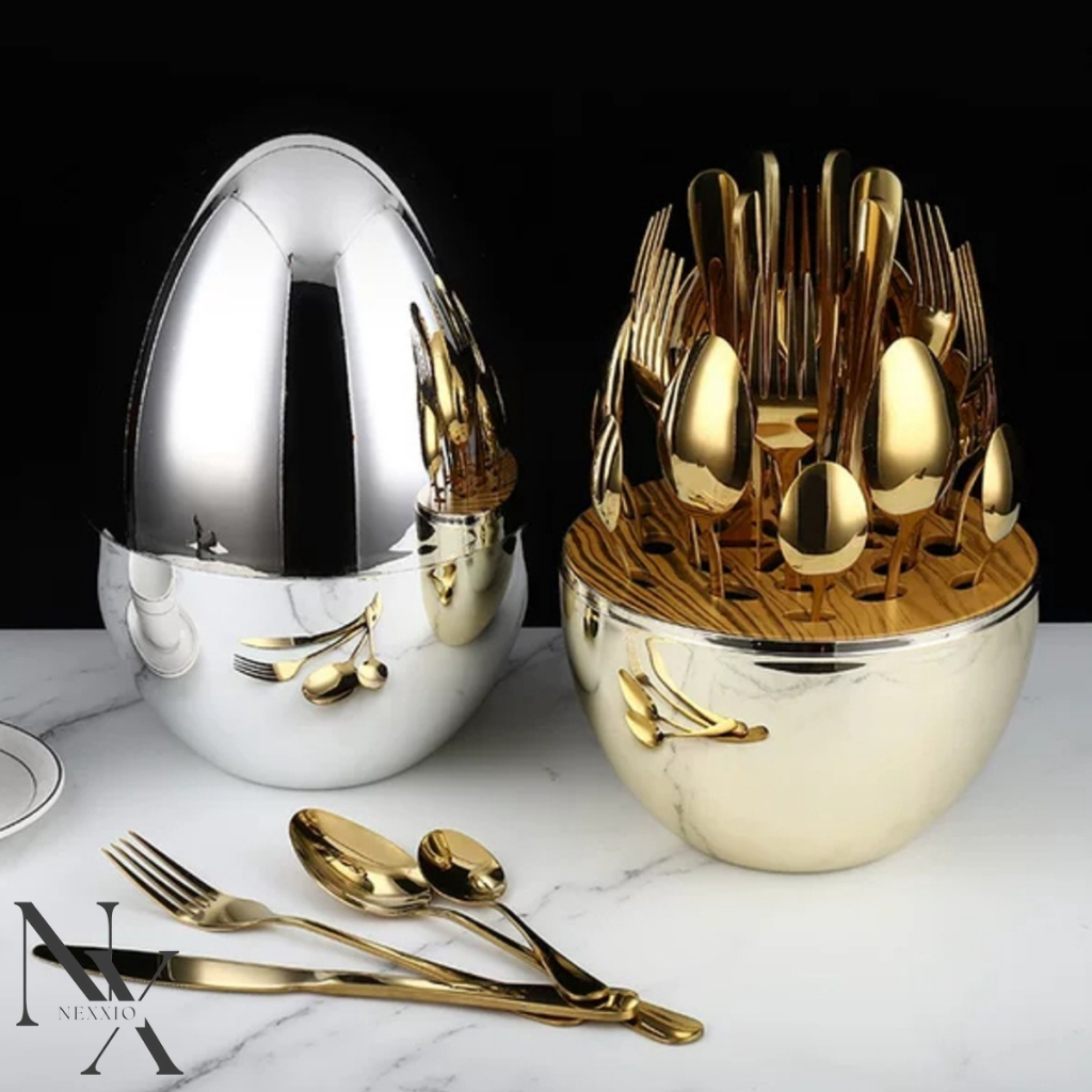 NEXXIO Egg Spoon Gold / sendok emas telor / Sendok Sultan Gold / cutlery set / Peralatan Makan Gold Silver /sendok gold / Sendok makan pakai tutup / sendok emas viral / telor emas