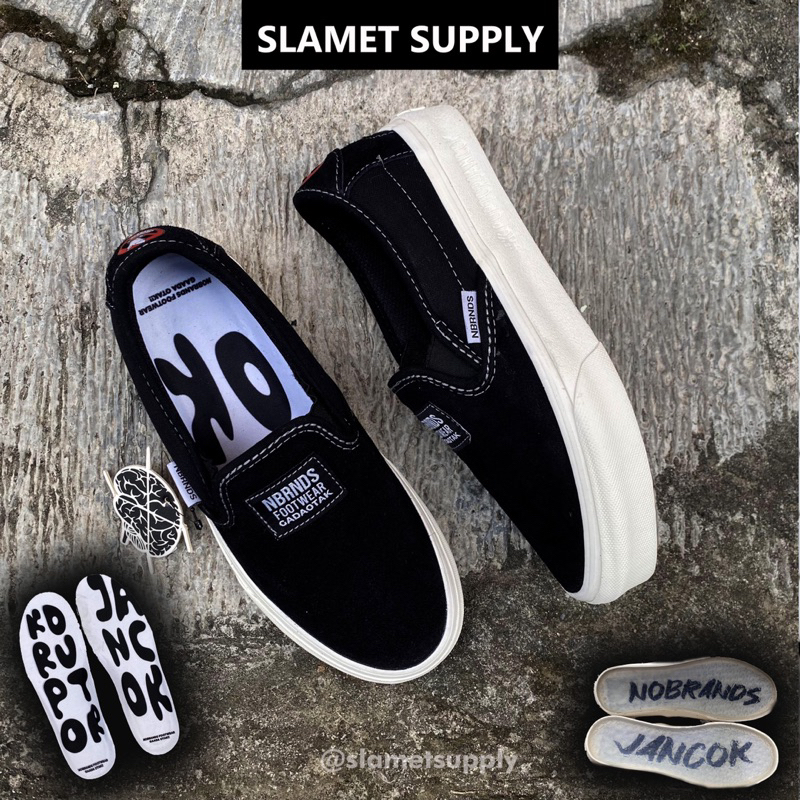 NOBRANDS FOOTWEAR SLIPON KORUPTOR JANCOK SELOP MEDULA BLACK WHITE SUEDE NOBRANDS NOBRAIN ASU KABEH