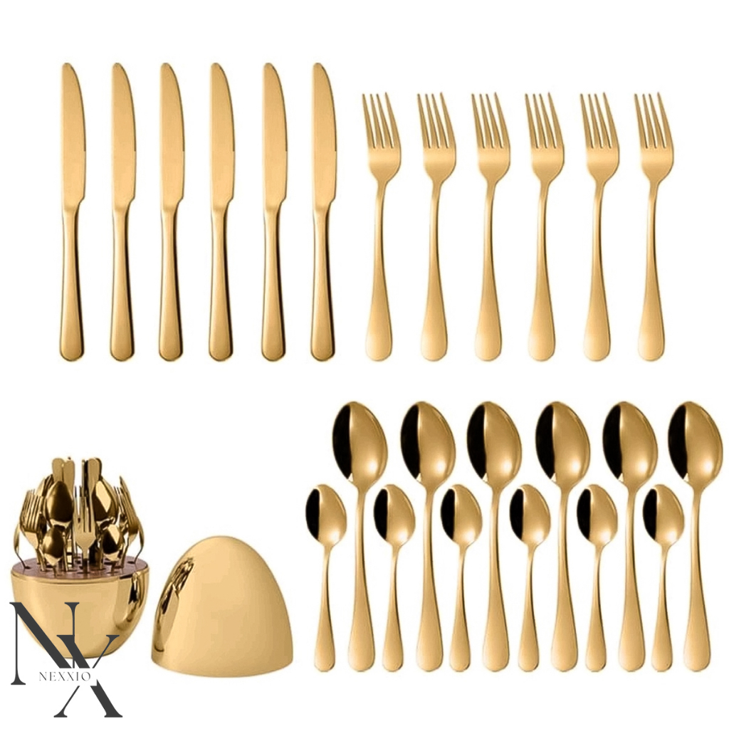 NEXXIO Egg Spoon Gold / sendok emas telor / Sendok Sultan Gold / cutlery set / Peralatan Makan Gold Silver /sendok gold / Sendok makan pakai tutup / sendok emas viral / telor emas