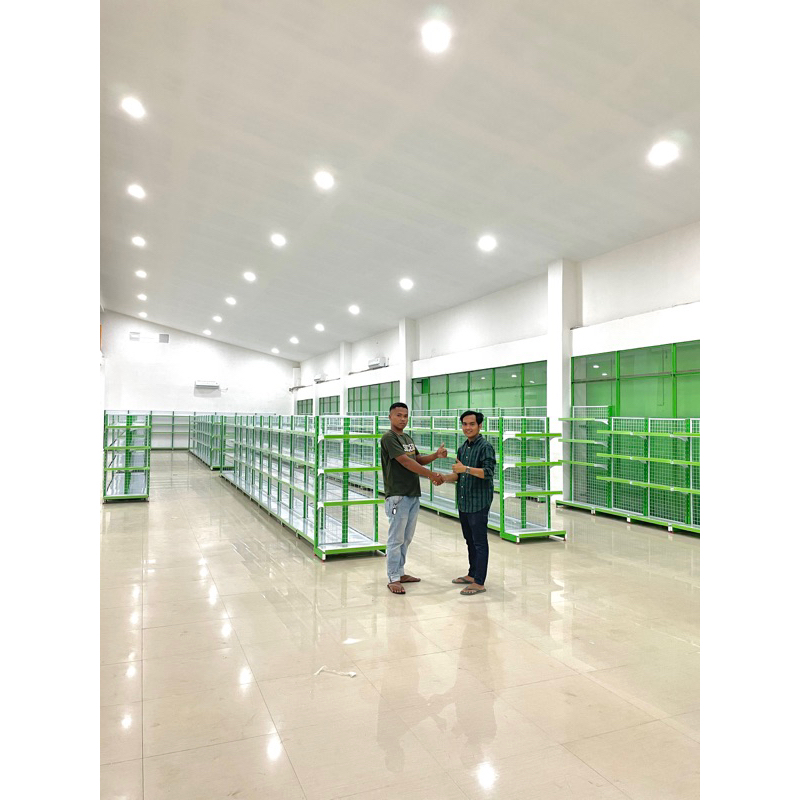 Rak gondola minimarket TxPxL 150x90x29 dua sisi utama