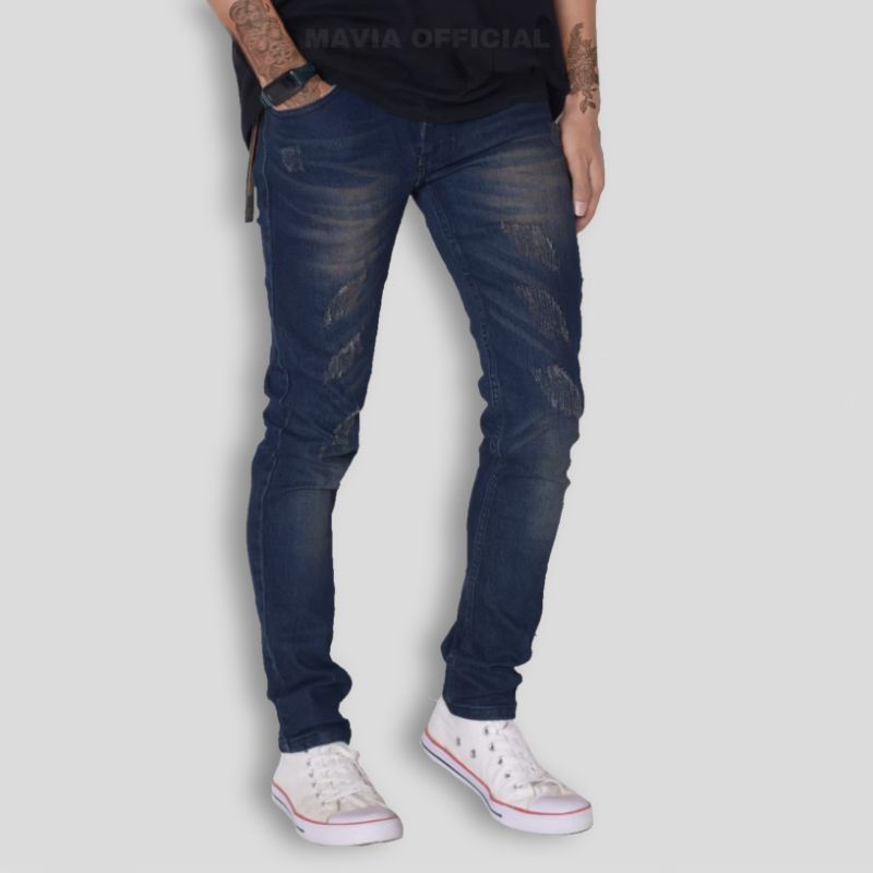 Jins Sobek Sobek Cowok Panjang Celana Slimfit Skinny Pensil Kekinian Terbaru Denim Streach