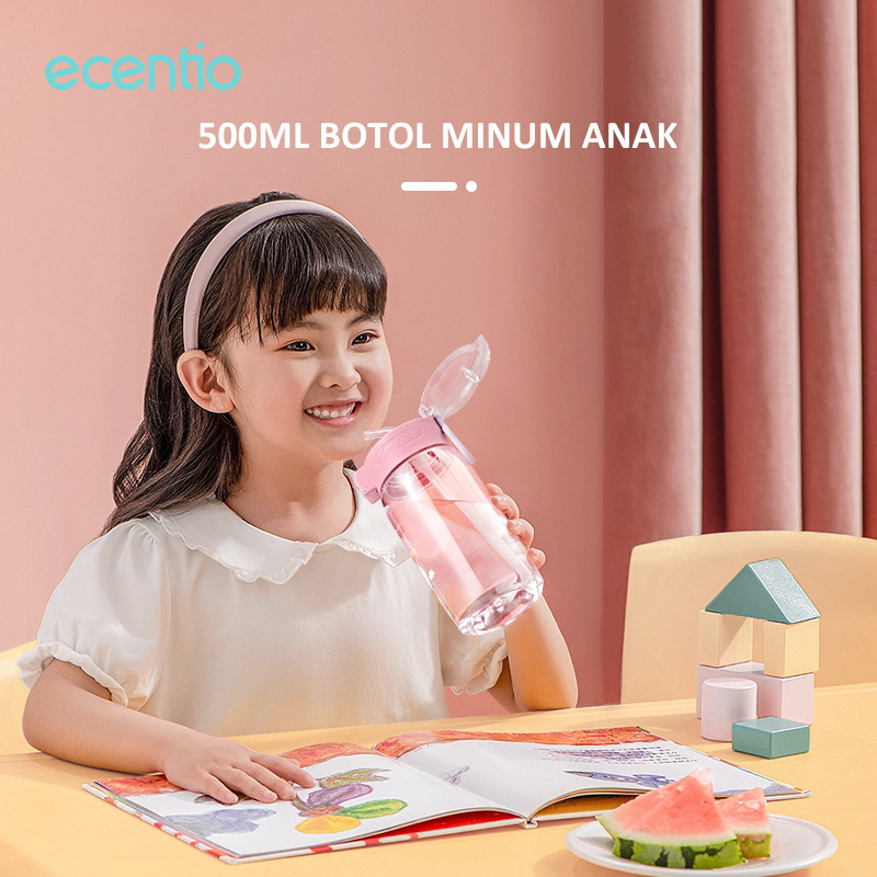 ecentio Botol Minum Anak Free Sticker Silikon Sedotan Karakter Tumbler Lucu Botol Air Minum BPA Free 500ml