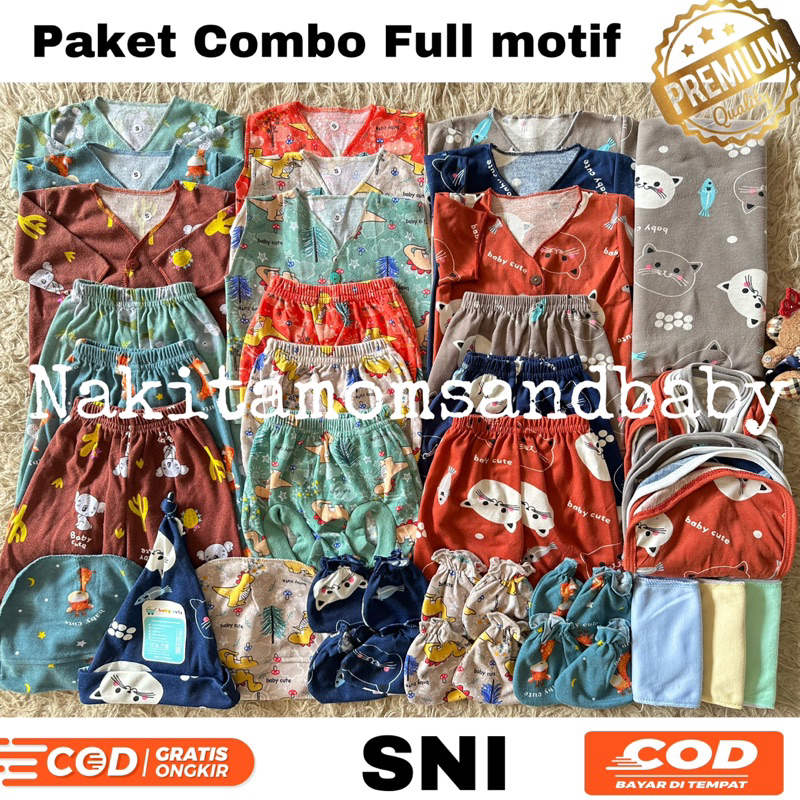 34pcs Paket perlengkapan Baju bayi Celana bedong popok romper sarung tangan topi gurita Mix Full motif baru lahir, 3-6 dan 6-12 bulan SNI Promo 8.8