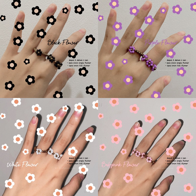 Flower Beadsring Set ( Dapat 2Pcs ) / Cincin Bunga Daisy Set / Beads Ring Korea Cincin Manik-Manik