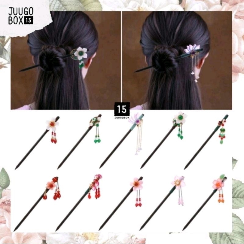 JK19 JK20 JK22 JK24 JK27 - Tusuk Konde Kayu Wood Hair Aksen Mutiara + Kristal + Rumbai Multi Warna C