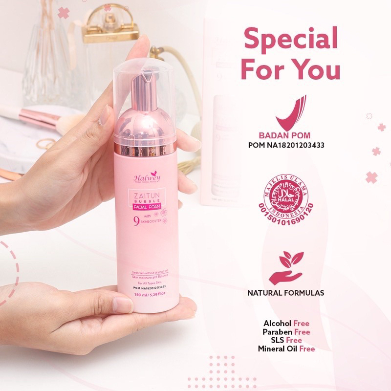ZAITUN BUBBLE FACIAL FOAM   / sabun  cuci muka / wajah WITH 9 SKINBOOSTER kemasan mini 60 ml, kemasan besar 150ml  HALWEY SKINCARE indonesia OFFICIAL STORE