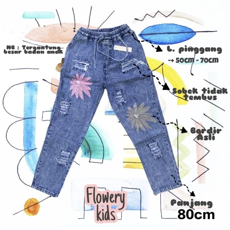 BAGGY JEANS//CELANA PANJANG ANAK PEREMPUAN VARIASI BORDIR CEMPAKA USIA 6-12TAHUN