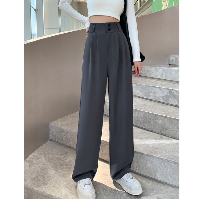 Abu-abu Celana Setelan Wanita Korean kekinian Highwaist Loose Celana Panjang Wanita  (Ada karet)