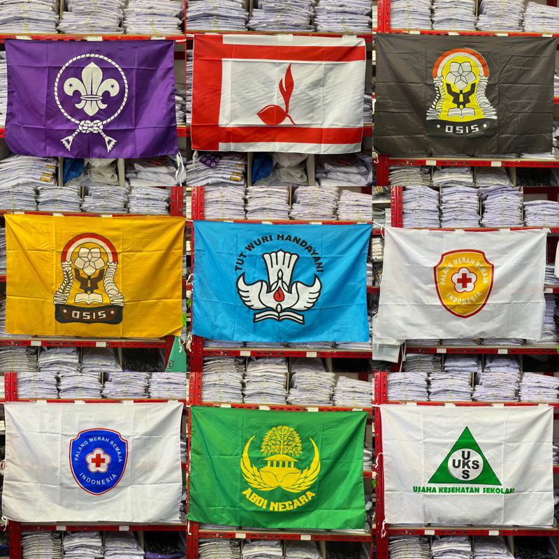 Bendera Kain ( Merah Putih, Cikal, WOSM/Boscot, OSIS SMA, OSIS SMP, PMR BIRU, PMR KUNING, P MI, TUT WURI HANDAYANI,UKS dan MORSE)