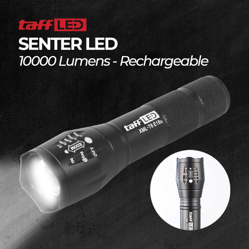 TaffLED Senter LED USB Rechargable Zoomable XML-T6 10000 Lumens - E18u