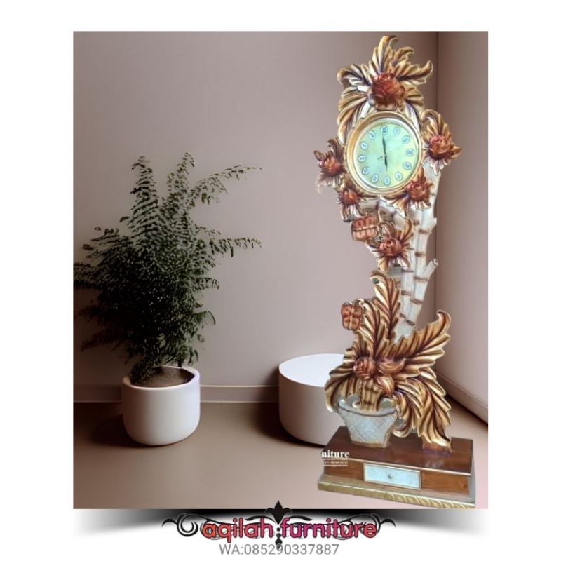 JAM RUANG TAMU JAM HIAS UKIRAN BUNGA JAM HIAS KAYU JATI