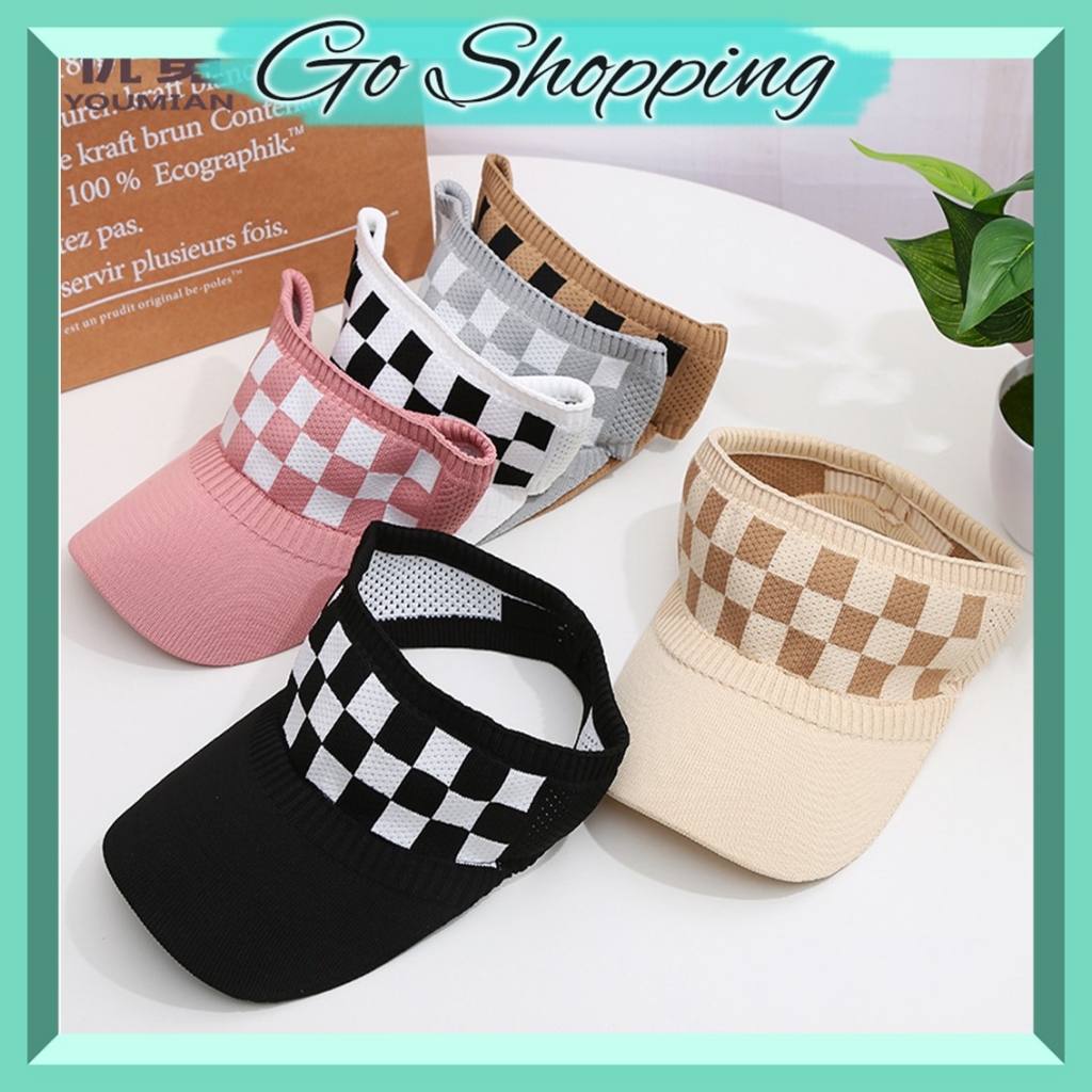 GO! TP972 Topi Golf Rajut Motif Catur Baseball Cap Sport Jogging Cap Pantai Korea Fashion Wanita Visor Hat Import