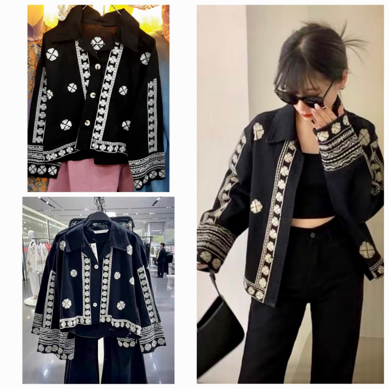 BLAZER KEMEJA ATASAN WANITA BORDIR LENGAN PANJANG MONOCHROME IMPORT BANGKOK BUMIL BUSUI HIJAB FRIEND