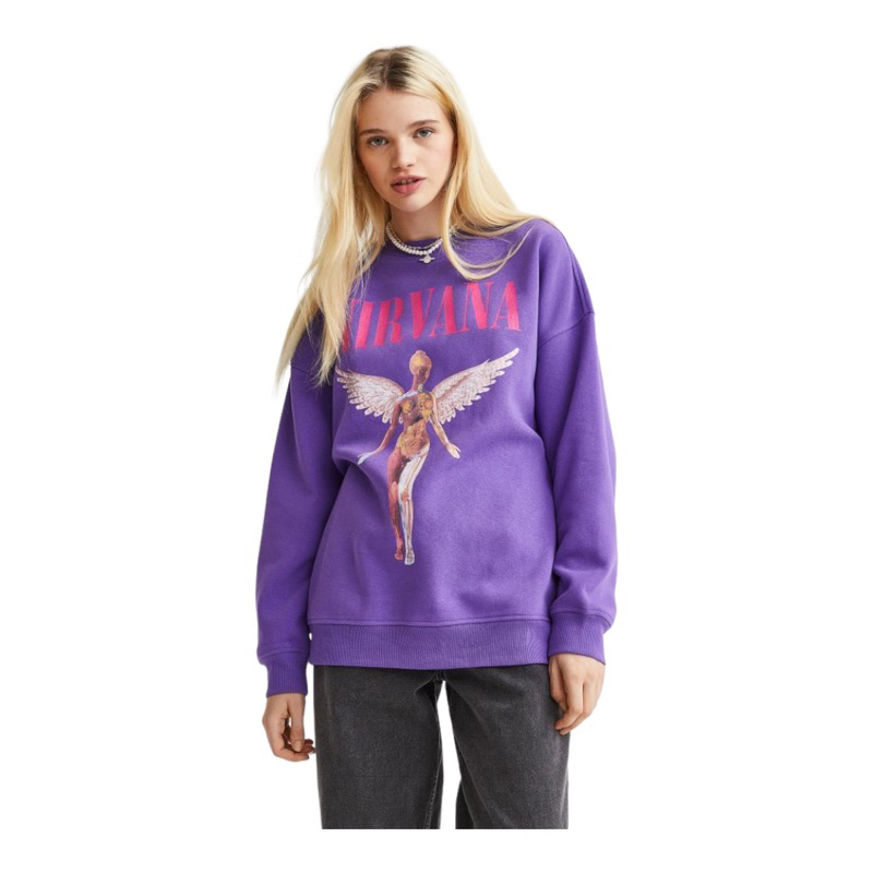 ( 8.8 ) Crewneck Sweatshirt Unisex H&amp;M Sablon Nirvana In Utero Purple Ungu &amp; Pink, Flecee Katun Lembut Tebal, Free Papperbag