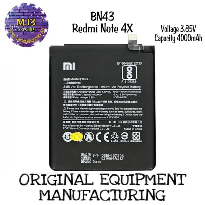 Baterai Battery ORIGINAL BN43 Xiaomi Redmi Note 4X/BN43 Redmi Note 4X ORIGINAL
