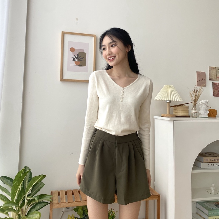 Mei V Neck Long Sleeve - Blouse Vintage Knit - Top Korea Wanita - Atasan Lengan Panjang Wanita