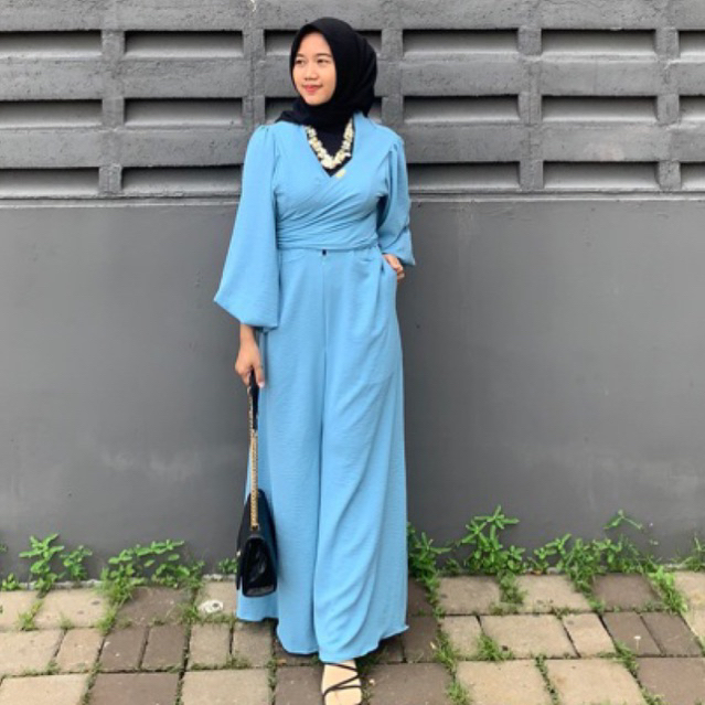 M L XL Jumpsuit Crinkle Airflow Premium Lengan Balon COD One Set Crinkle Terbaru Jumpsuit Crinkle Kekinian Fashion Muslim Wanita Terlaris Jumpsuit Modern Korean Long Jumpsuit Murah