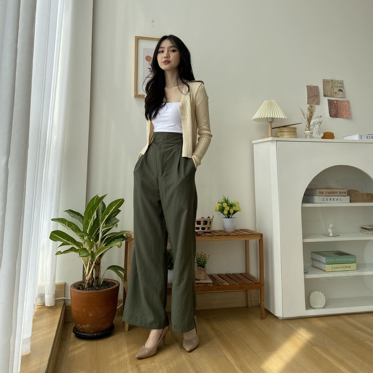 Carli Linen Pants - Celana Panjang Kulot Korea Wanita - High Waist Pants - Casual / Formal