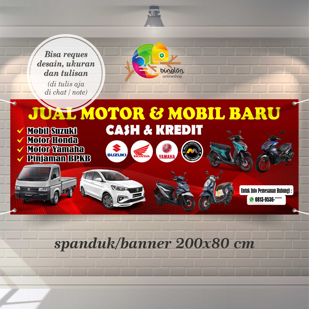 Jual Spanduk Banner Custom Showroom Jual Motor & Mobil Baru Cash