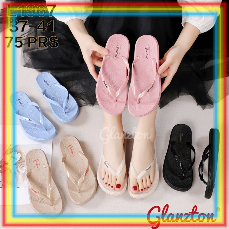 L1967 Sandal Jepit Karet Wanita Motif Garis Gelombang Glanzton