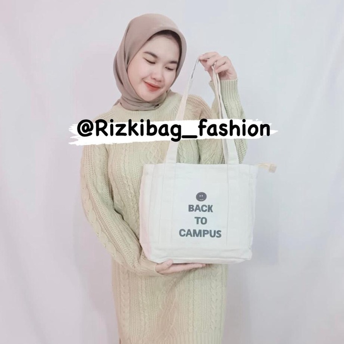 Totebag Wanita Kanvas Aesthestic Resleting Back To Campus Kuliah