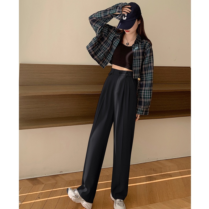 Highwaist Straight Loose Kasual Celana Setelan Wanita Korea (Panjang Ada Karet)