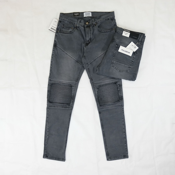 SKINNY JEANS BIKERS PATCH GREY WASH WHISKER PRIA PULL&amp;BEAR SOFT JEANS ABU TUA FEDDING