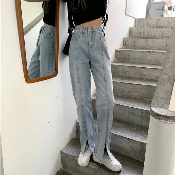 Biru Highwaist Kulot Jeans Wanita Belah / Celana Jeans Split Import