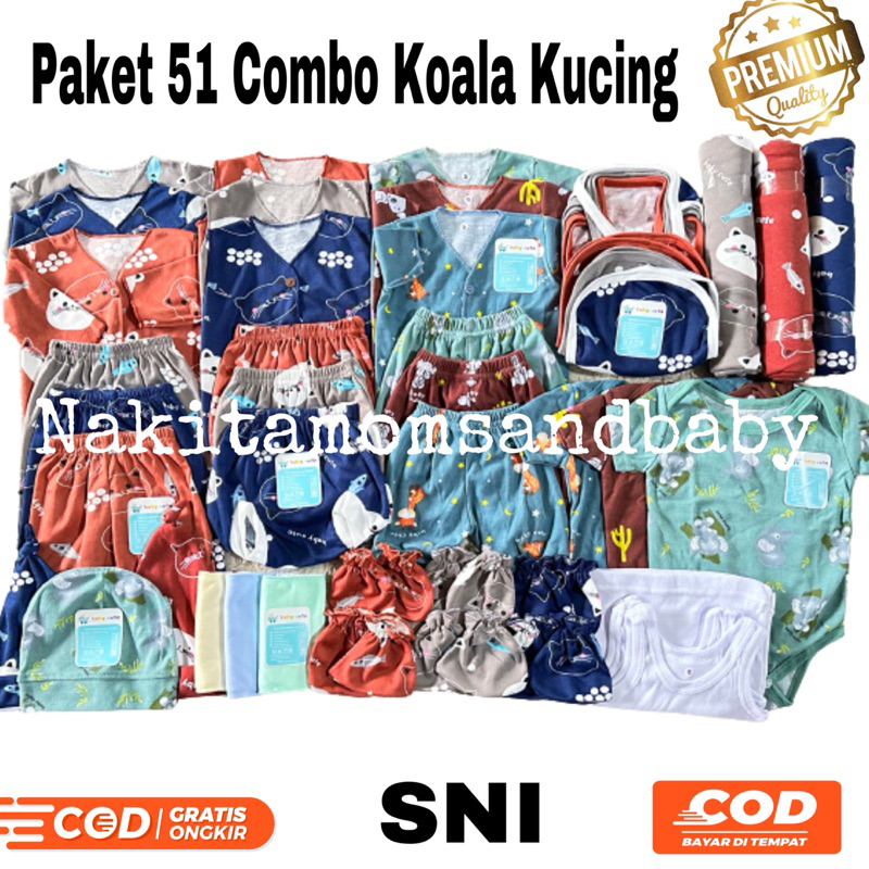 51pcs Paket Perlengkapan Baju dan celana Bayi bedong popok romper topi singlet sarung tangan  Combo Mix Koala kucing baru lahir, 3-6 dan 6-12 bulan SNI Promo 8.8