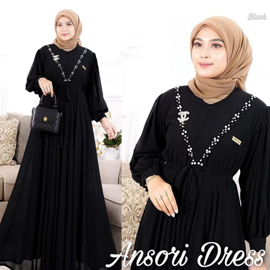 Ansori Dress Gamis Impor Terbaru 2023 / dress Bahan Ceruty Babydoll Aplikasi swaroski Mutiara Tali Pinggang Misah Dress Terbaru Muslim Kekinian Model Gamis Kondangan Lebaran Terbaik 2023