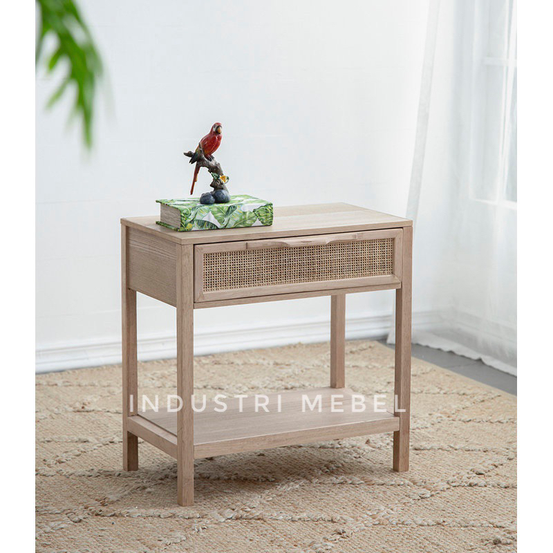 Meja Nakas Rotan Jati Minimalis Unik Modern - Meja Samping Retro Scandinavian - Meja Kecil Rotan