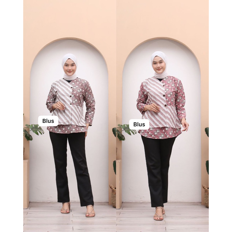 BLUS BATIK WANITA KOMBINASI MOTIF KOTAK-KOTAK/Blus wanita lengan panjang/blus wanita kantor/ blus ba