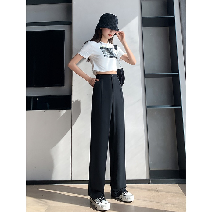 Putih/Hitam Highwaist Loose Kerja Celana Setelan Wanita Korean