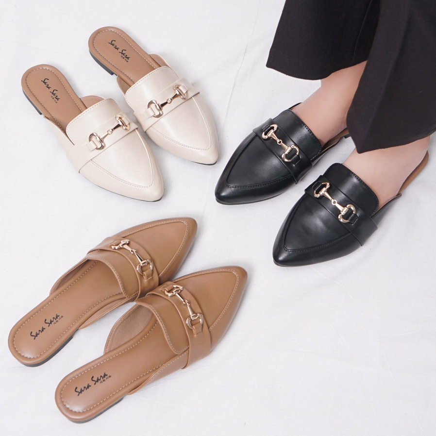 SARASARA YUK - SALSA Sepatu Sandal Wanita Slip On Mules Size 36 - 40 Casual Sendal Slop Teplek Flat Ujung Lancip Tertutup Anti Licin Warna Hitam Black Cream Brown Selop Premium 37 38 39 Perempuan Kekinian Terbaru Shoes ORI Original Mall Official Store