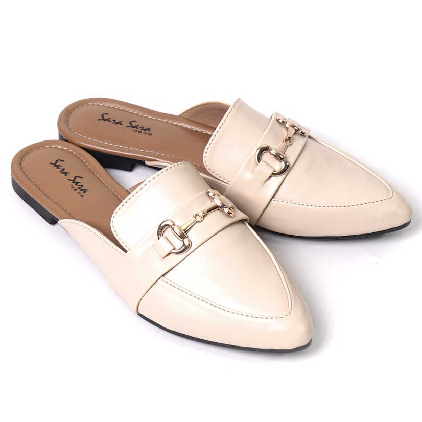 SARASARA YUK - SALSA Sepatu Sandal Wanita Slip On Mules Size 36 - 40 Casual Sendal Slop Teplek Flat Ujung Lancip Tertutup Anti Licin Warna Cream Brown Selop Premium 37 38 39 Perempuan Kekinian Terbaru Shoes ORI Original Mall Official Store