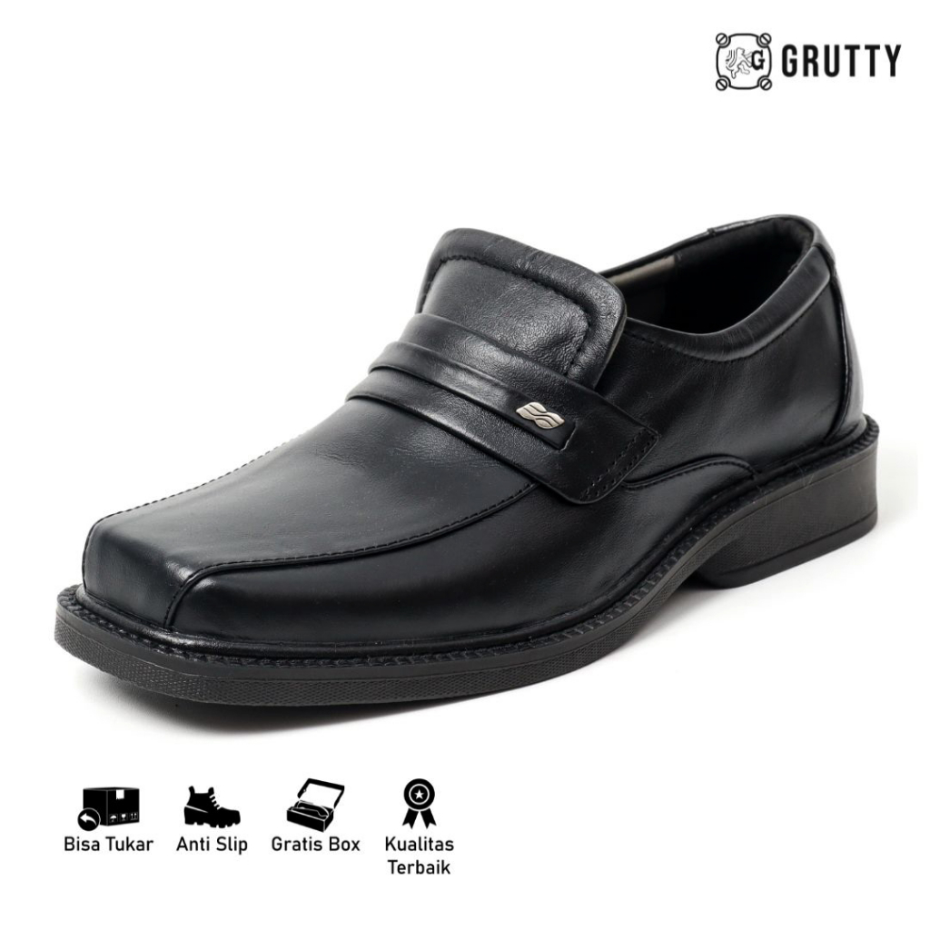 Sepatu Pria Formal Pantofel Kerja Tanpa Tali Kulit Asli Grutty DC011 Hitam