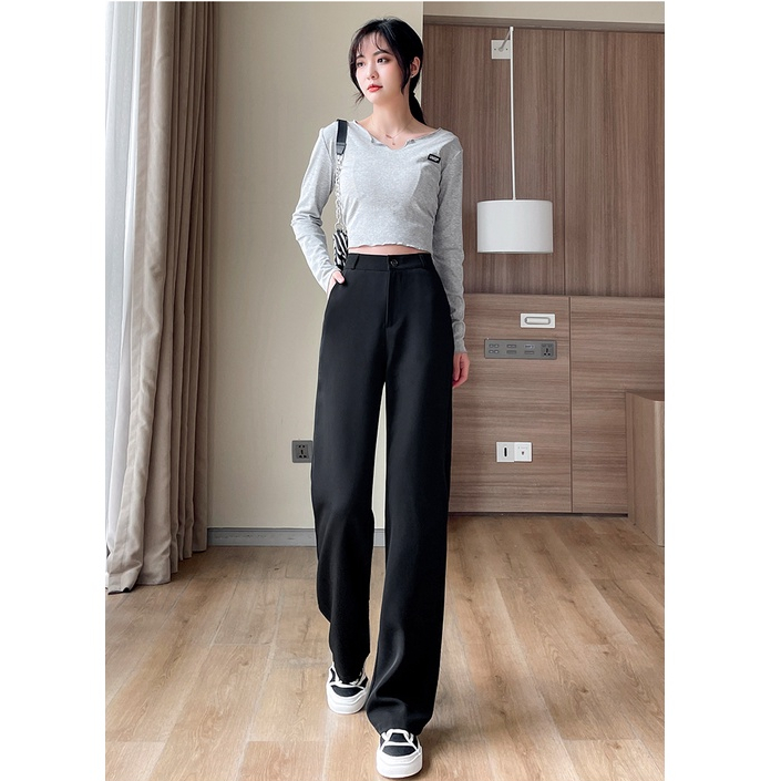 Hitam Highwaist Longgar Vertikal Celana Setelan Wanita Polos