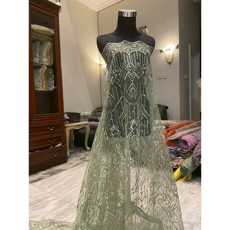 Kain Bahan Kebaya Gaun Pengantin Brokat Brukat Tile Bordir Etnik Madeline Warna Hijau Sage Green