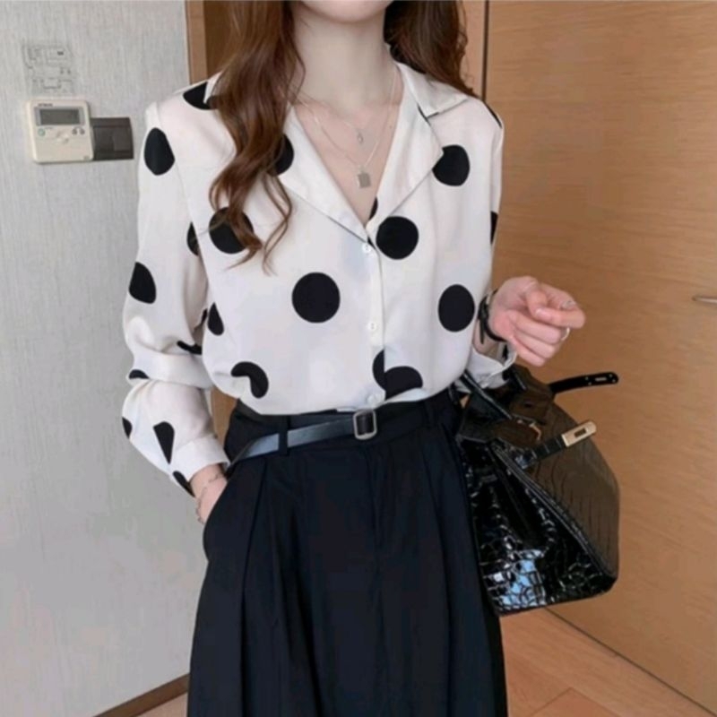 Baru Murah DOTTILA Lapel Collar Shirt Polka Basic Lengan Panjang - Baju Atasan Bahan Twiscone Import